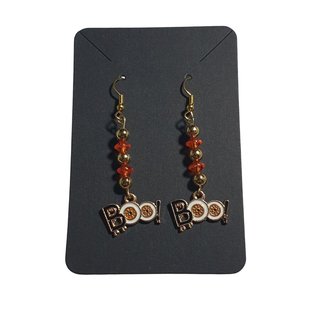 Boo Halloween Dangle Handmade Earrings Orange Black Beaded Gold Accents Donovan